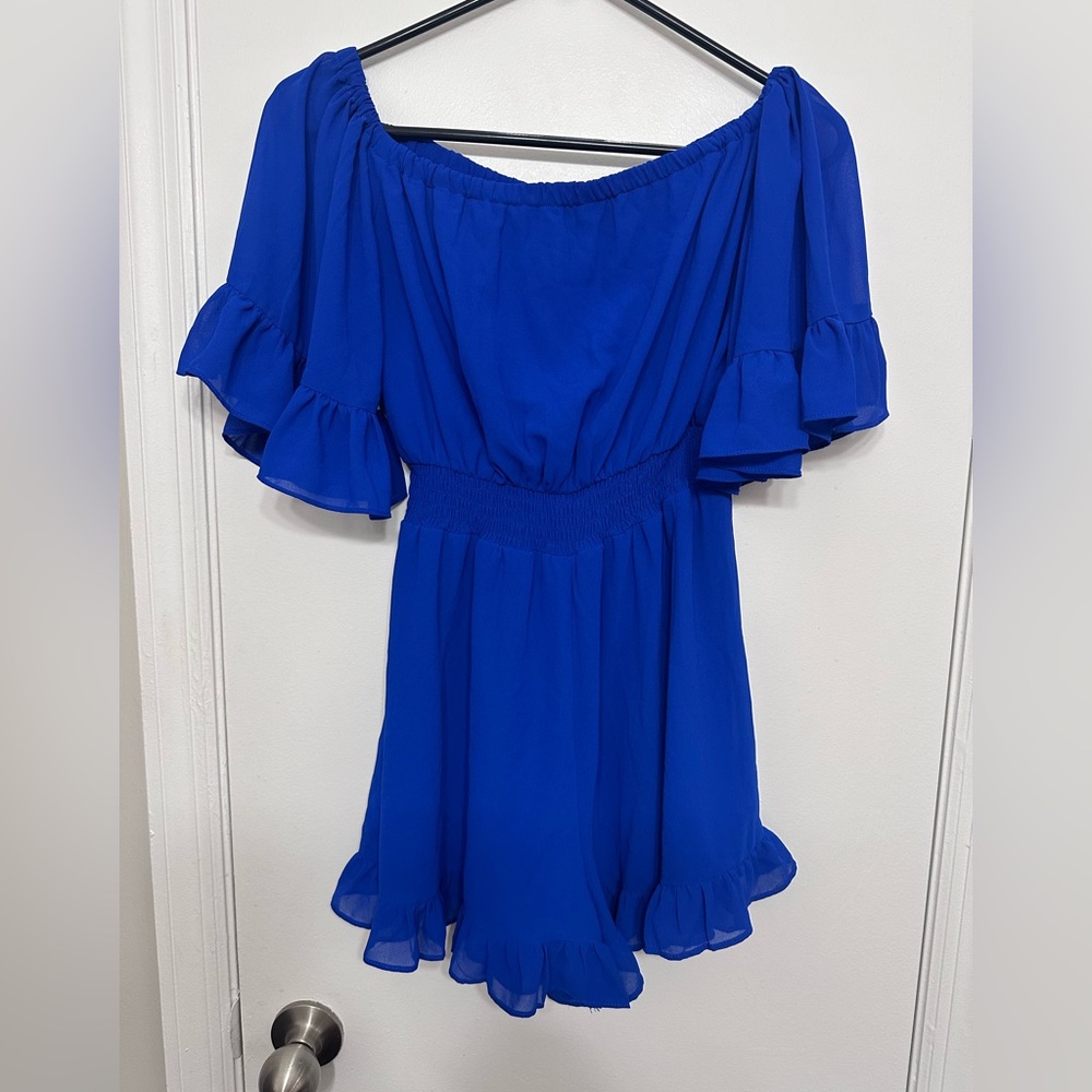 Pink Lily Blue Off-Shoulder Romper